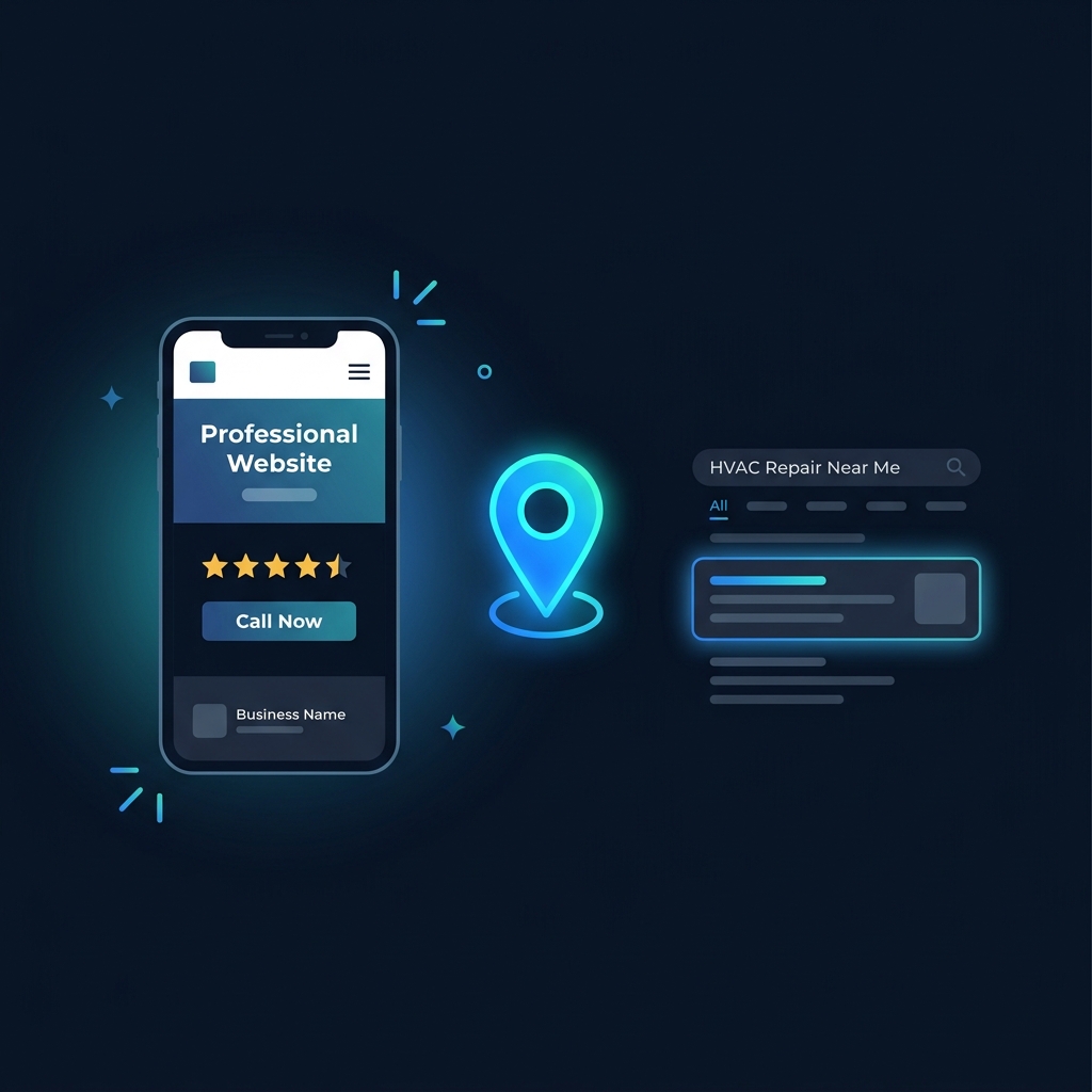 A business website, Google Maps pin, and search result showing how Captiv8Now helps small businesses get found online